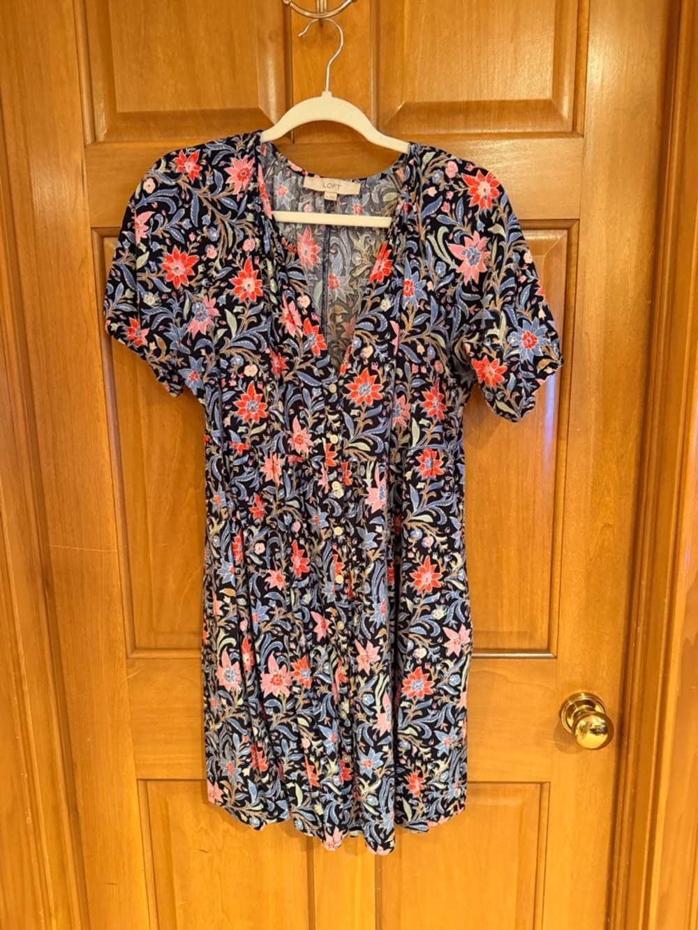 LOFT Navy Floral V-Neck Mini Dress